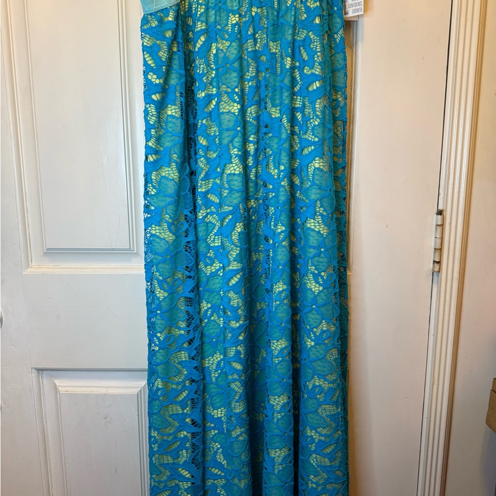 LuLaRoe Lucy Blue and Yellow Lace Maxi Skirt